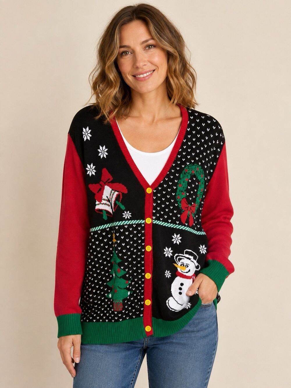 Ugly Christmas Sweater Womens 2XL Holiday Graphic V Neck Button Front Cardigan